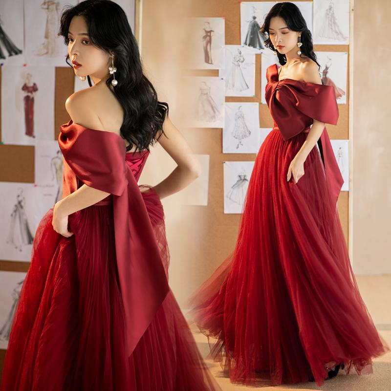 楽天市場】カラードレス 編み上げ ワインレッド リボン パーティー