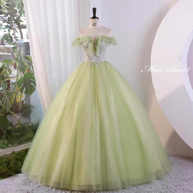 楽天市場】カラードレス 編み上げ グリーン オフショルダー ロング