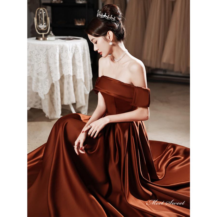 楽天市場】カラードレス 編み上げ ブラウン オフショルダー ロング