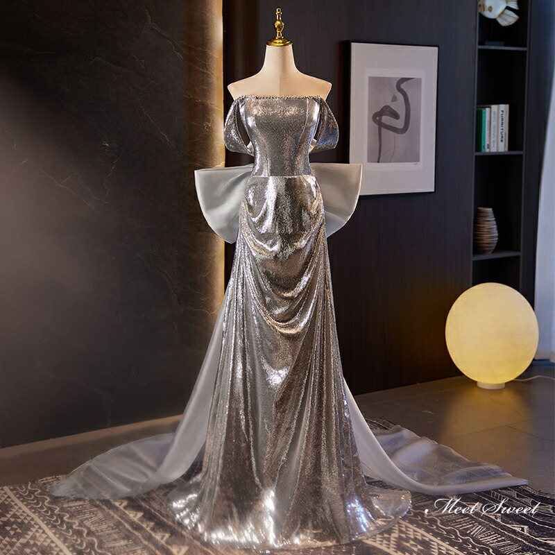 楽天市場】カラードレス シルバー スレンダードレス リボン パーティー