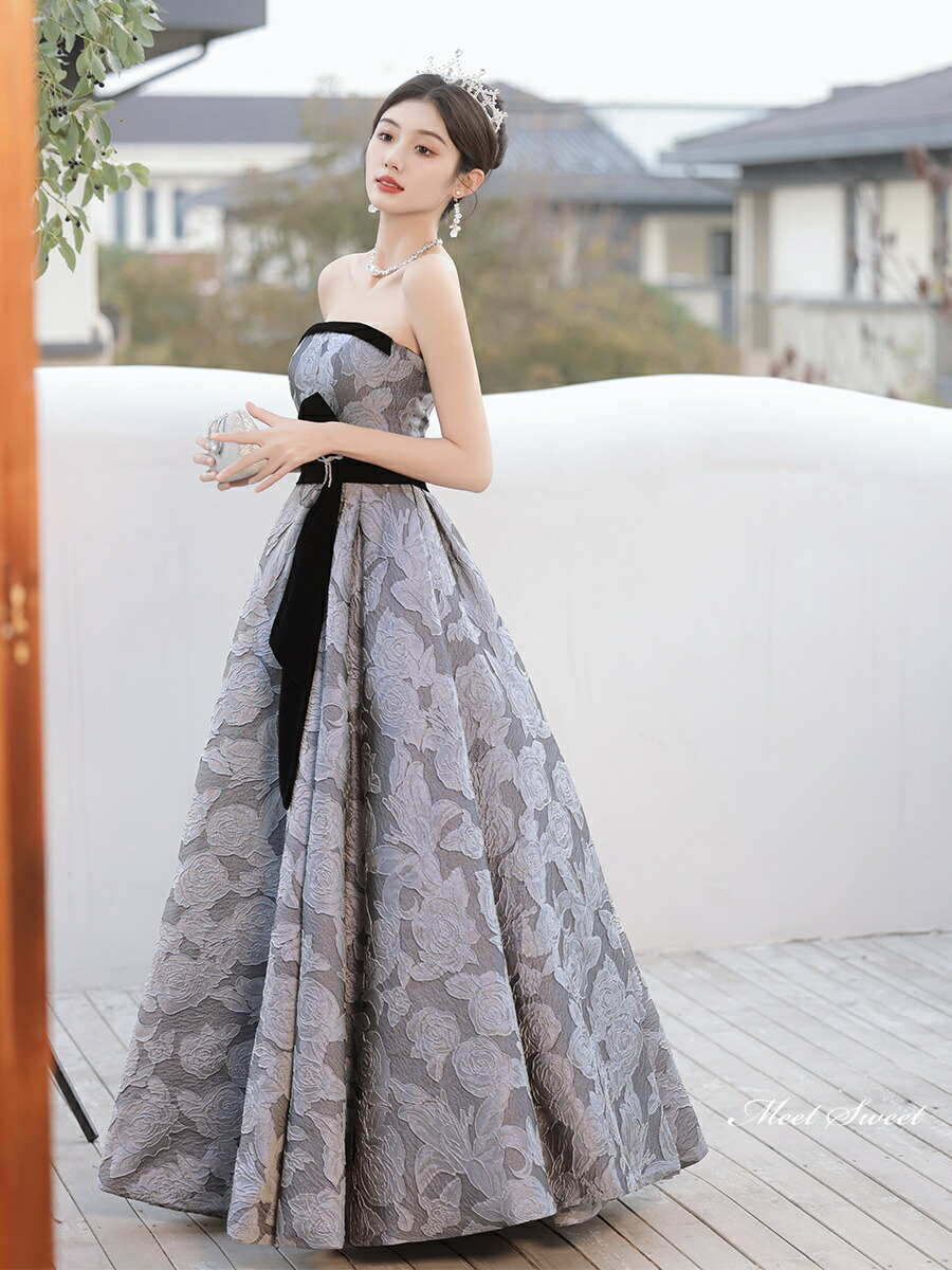 楽天市場】カラードレス ロングドレス パーティードレス グレー 花柄