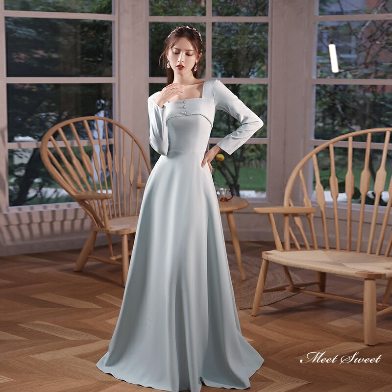 楽天市場】カラードレス ロングドレス サックスブルー 長袖 パーティー