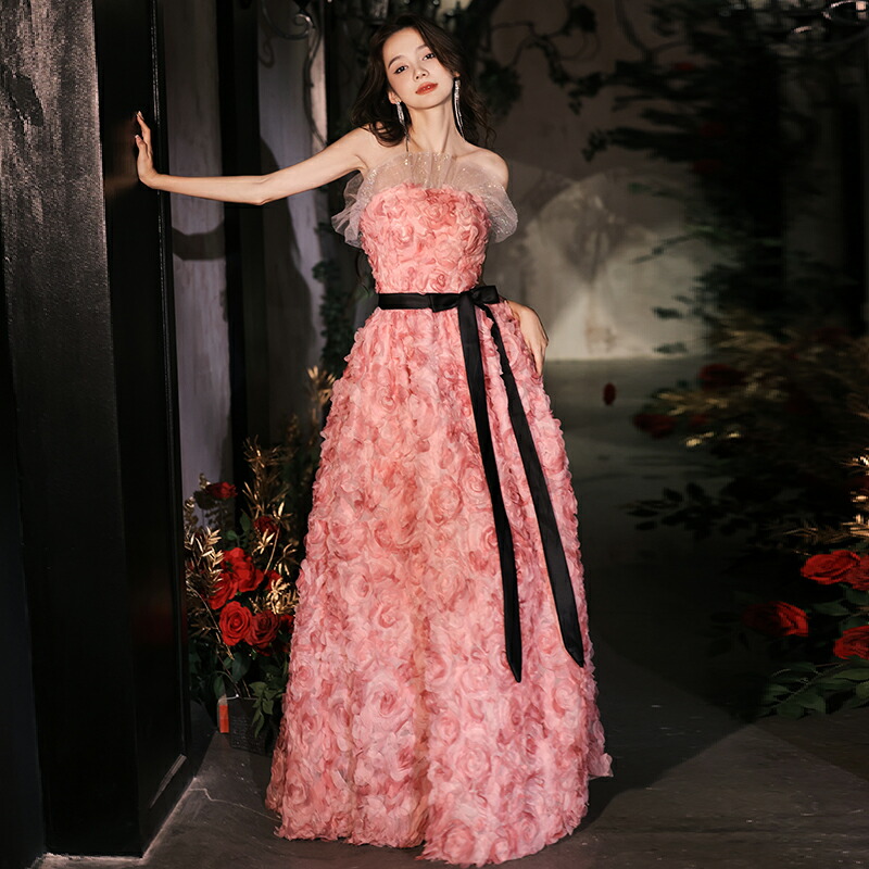 楽天市場】カラードレス ロングドレス ピンク ビスチェ 花柄