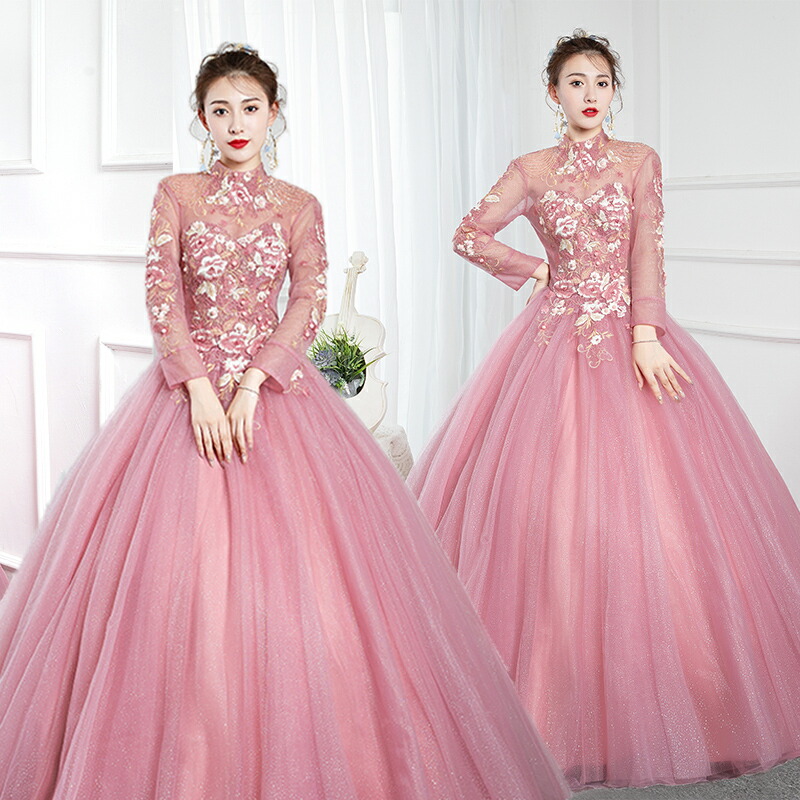 楽天市場】カラードレス プリンセスライン ピンク ハイネック 長袖