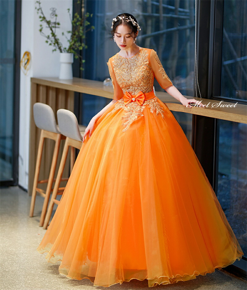 楽天市場】カラードレス プリンセスライン オレンジ サテン 5分袖 袖