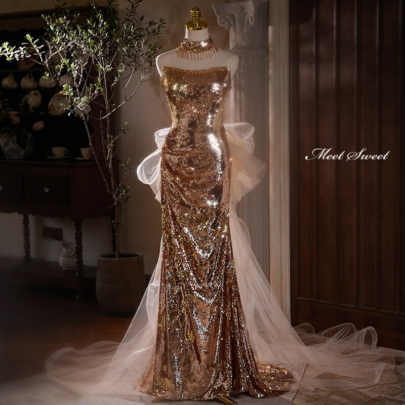 楽天市場】カラードレス スレンダーライン ゴールド スパンコール ベア