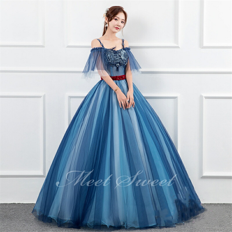 楽天市場】カラードレス プリンセスライン ブルー 青 ロングドレス