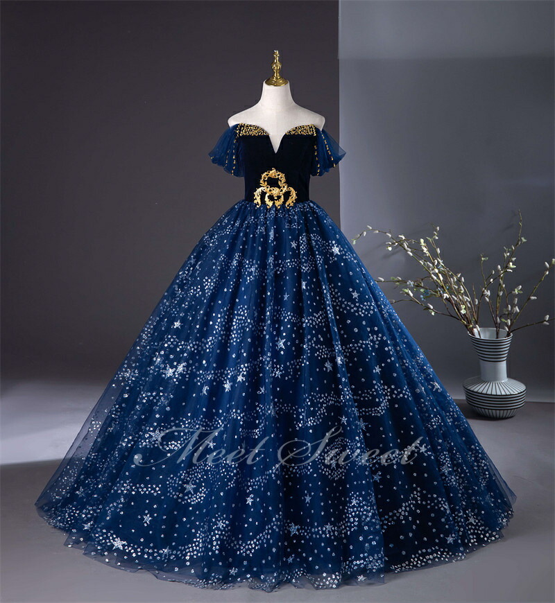 楽天市場】カラードレス Aラインドレス ネイビー オフショルダー 星柄