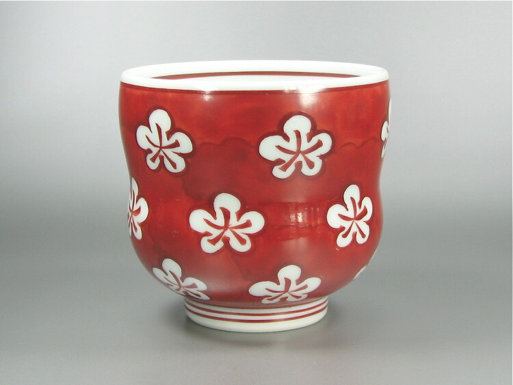 源右衛門窯】 染錦赤梅小紋割飯碗、湯呑4点セット 染錦赤梅小紋割 湯呑