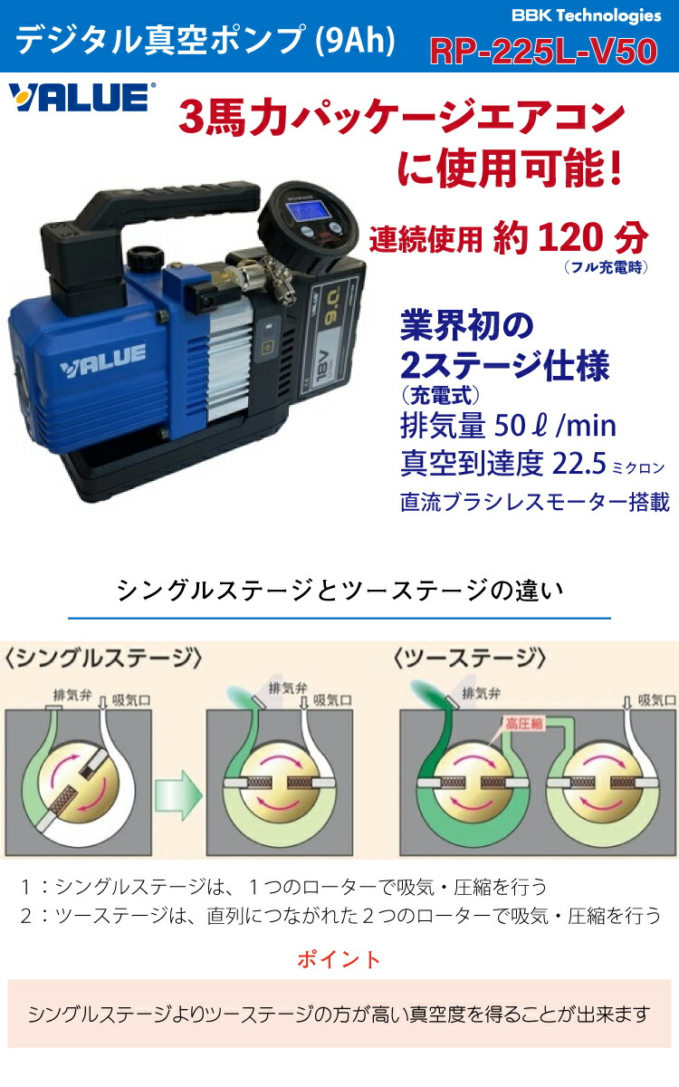 楽天市場】BBK 充電式デジタル真空ポンプ RP-225L-V50 フルセット 9.0