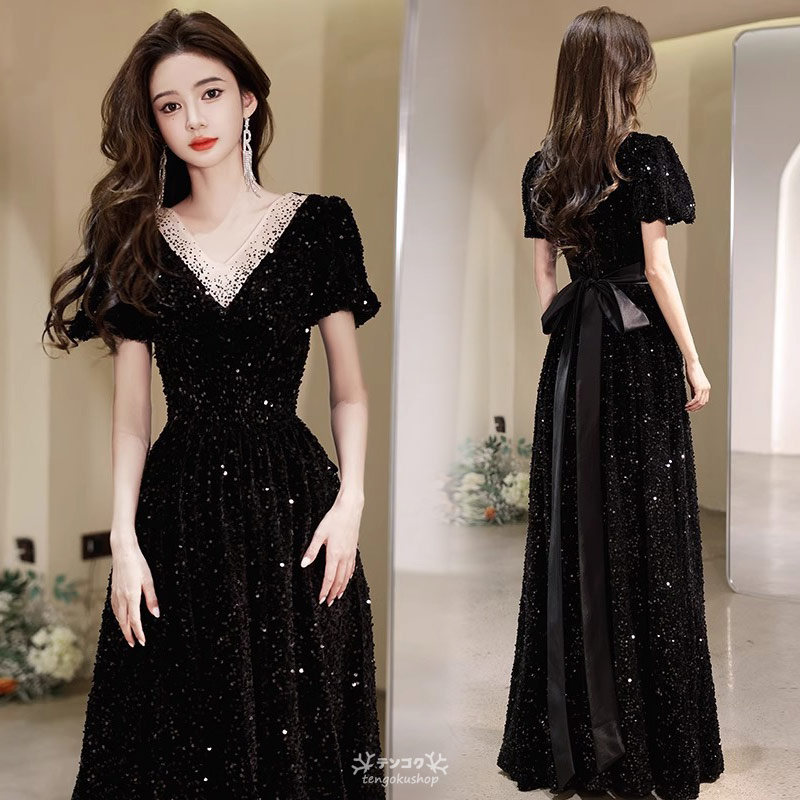 楽天市場】イブニングドレス 黒 スレンダーライン キラキラドレス