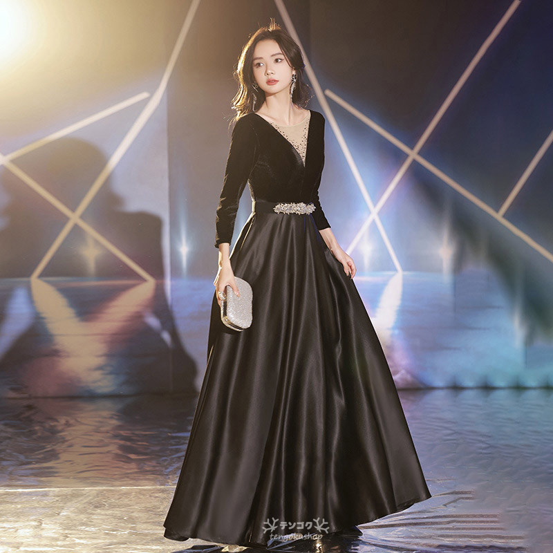 楽天市場】イブニングドレス ブラック 長袖 ロングドレス 結婚式ドレス