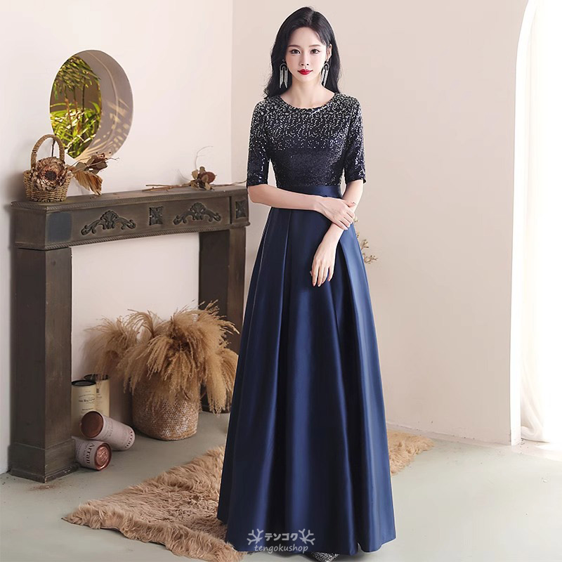 楽天市場】イブニングドレス ネイビー パーティードレス 5分袖 ロング
