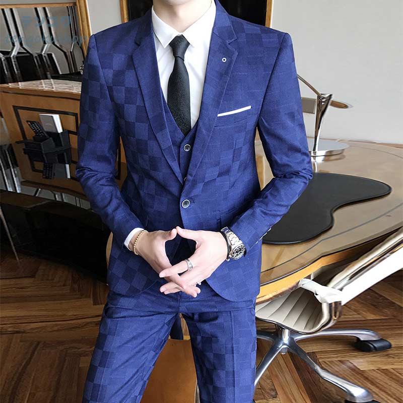 楽天市場】全3色 メンズスーツ チェック柄 3点セット 長袖 グレー