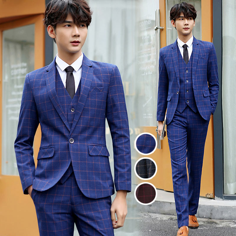 楽天市場】メンズスーツ 3点セット チェック柄 長袖 通勤 OL