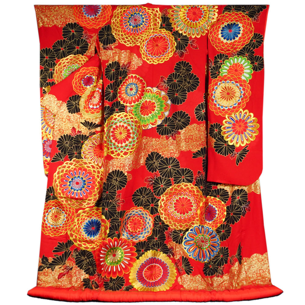 楽天市場】色打掛 踊り着物 雲取に菊花模様 刺繍 金箔 正絹 引き振袖 M