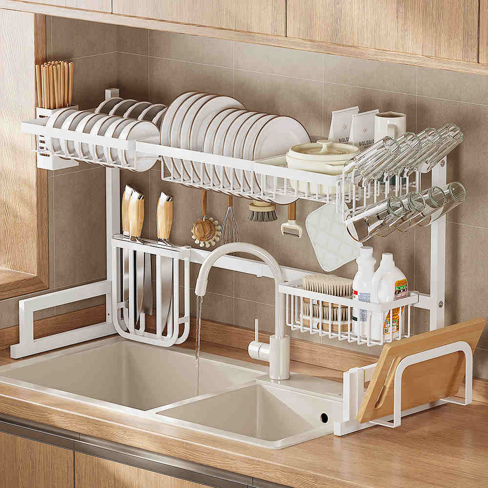 楽天市場】水切りラック シンク上 伸縮 白 食器 水切り つっぱり棚
