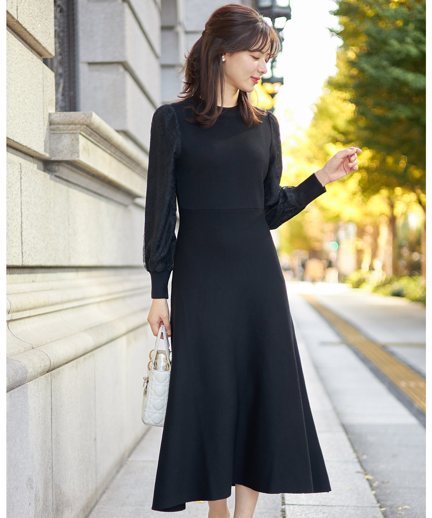 楽天市場】フラワーレーススリーブ切り替えニットワンピース【jeltes