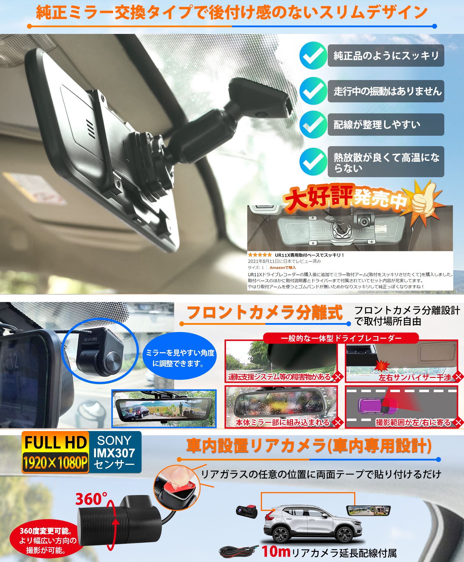 楽天市場】ドライブレコーダー ミラー型 前後 2カメラ 純正ミラー交換