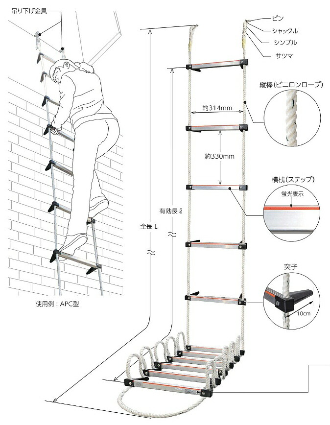 楽天市場】サンコー 蛍光避難はしご APC-4型 全長3.9m 対象2階 【火災