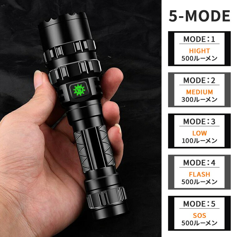 楽天市場】LED 懐中電灯 明るさ 500lm usb 充電式 ズーム機能 防水