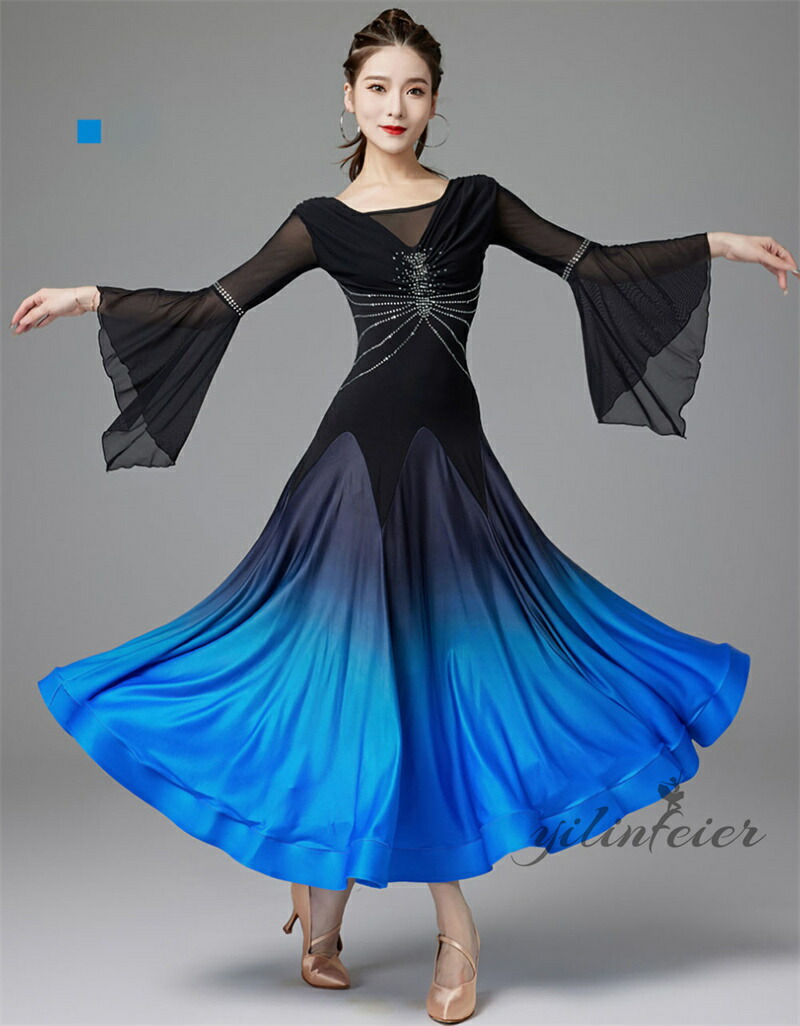 楽天市場】社交ダンスドレス クラーデション フリル長袖 社交ダンス