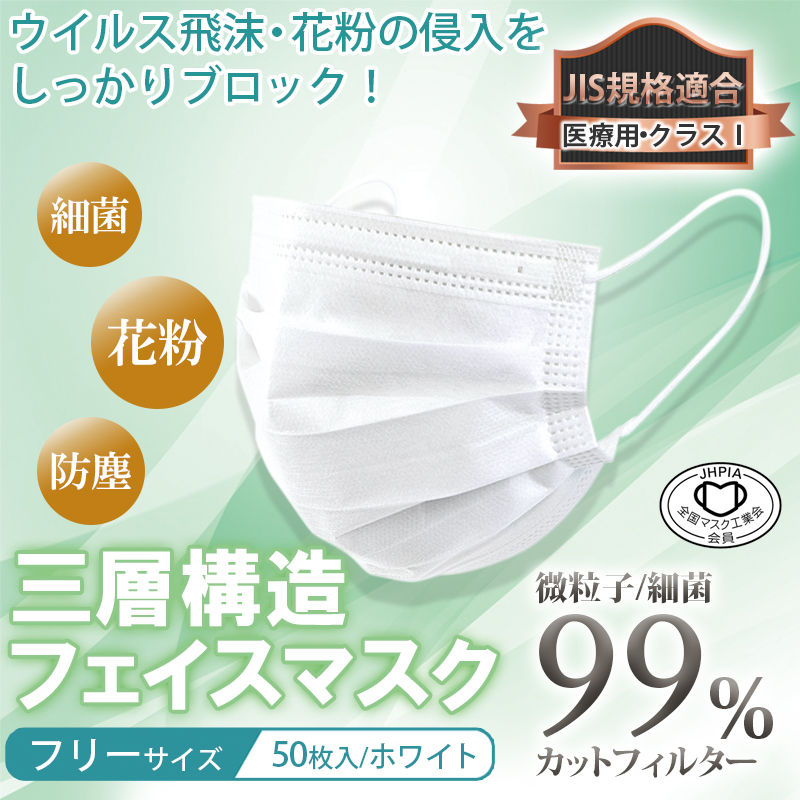 フェイスマスク(フリーサイズ・50枚入り) 【JIS T9001適合審査合格品