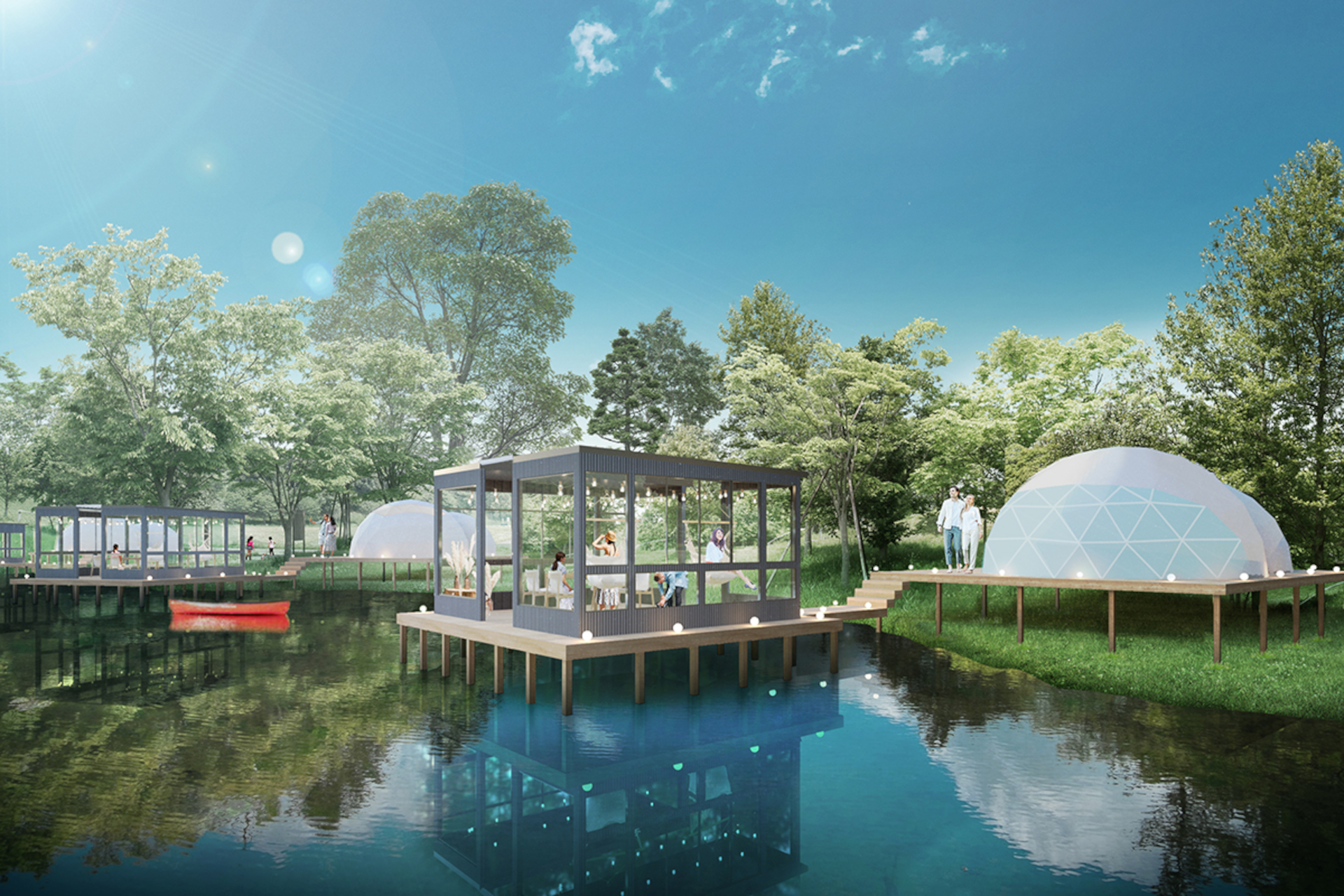 滋賀のグランピング施設GLAMP ELEMENT、水上テラス付きツインドーム