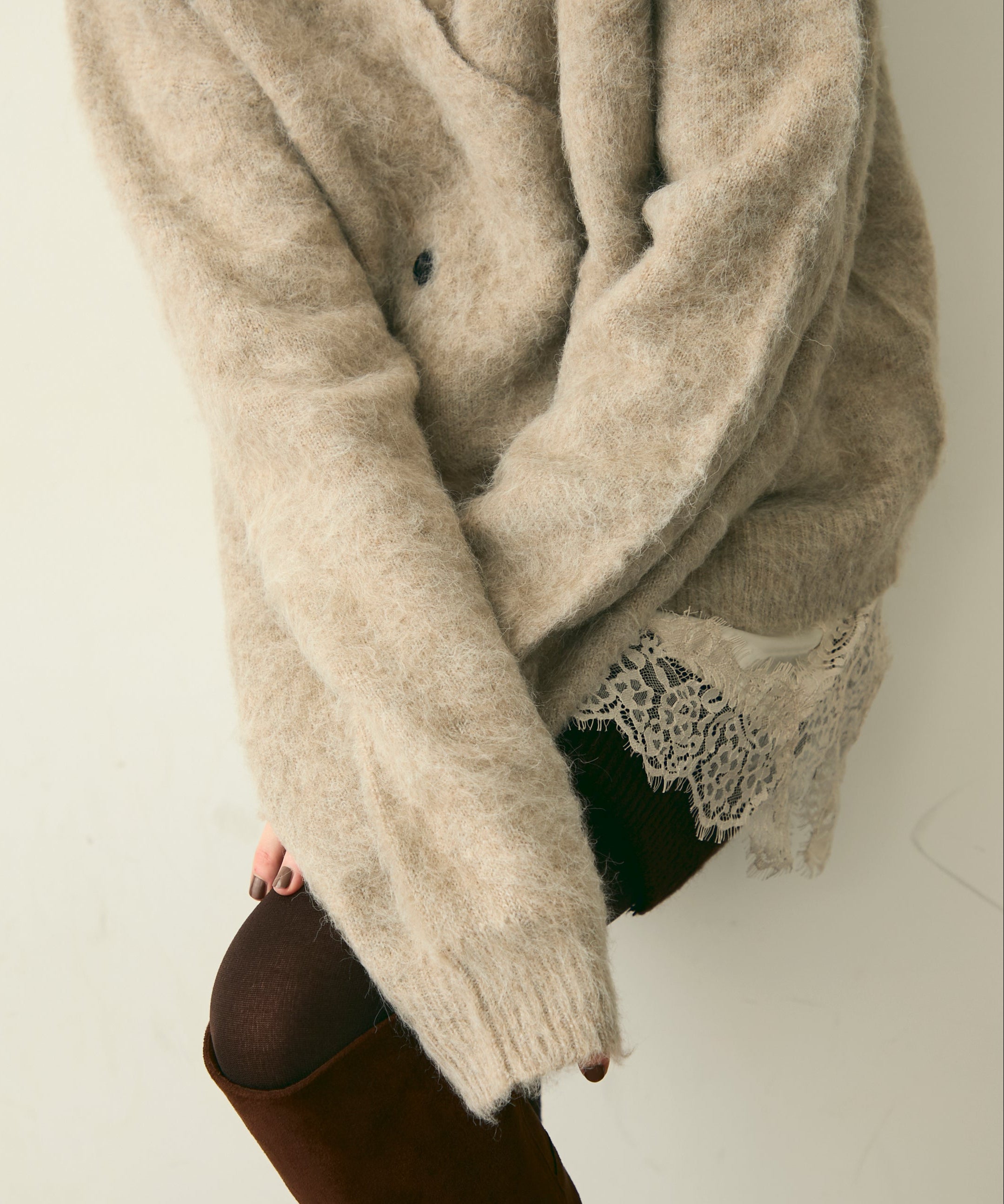 モヘアタッチシャギーダブルブレストカーディガン | Trish