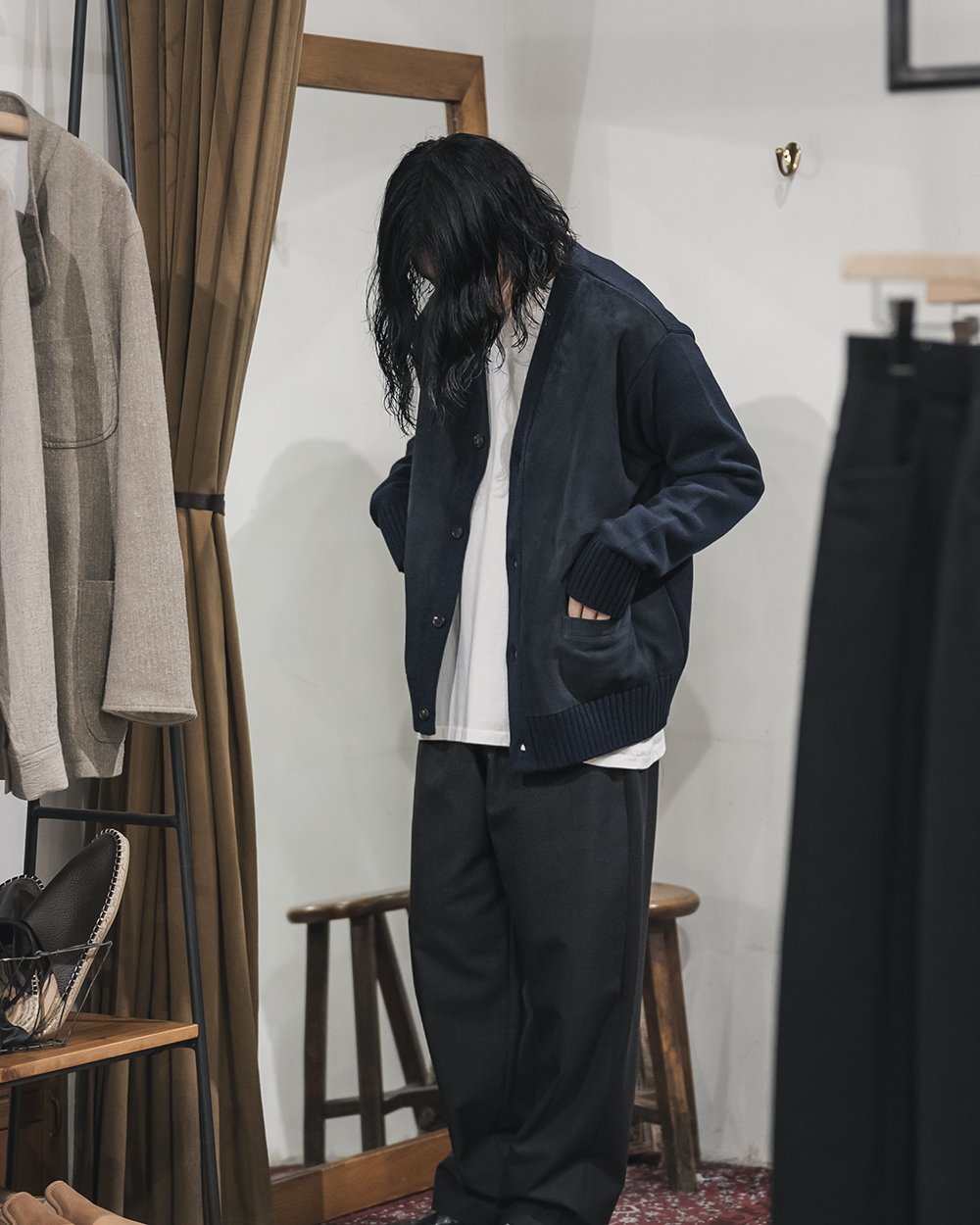 A.PRESSE / Cashmere Suede Combination Cardigan (Navy) | twelve