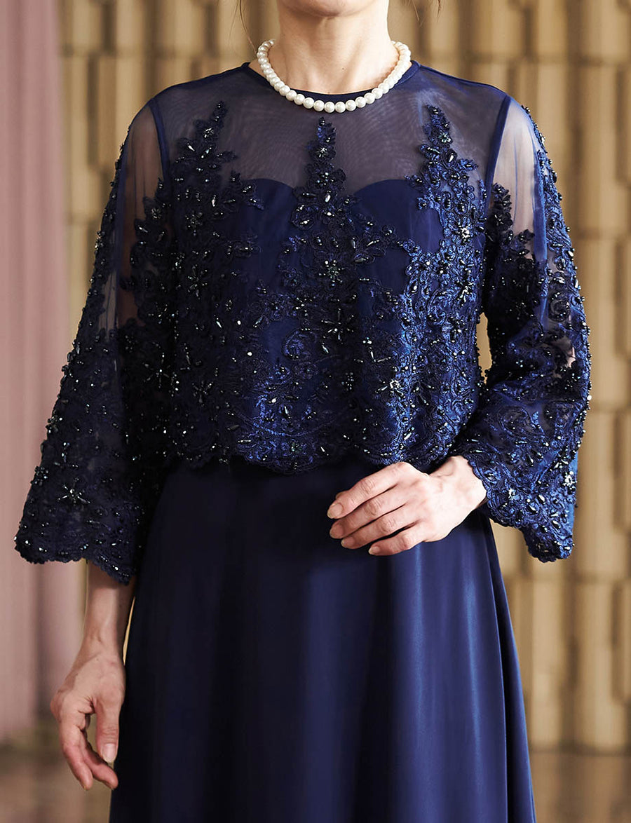 結婚式 母親ドレス ダークネイビーレース・マザーズドレス レース8分袖