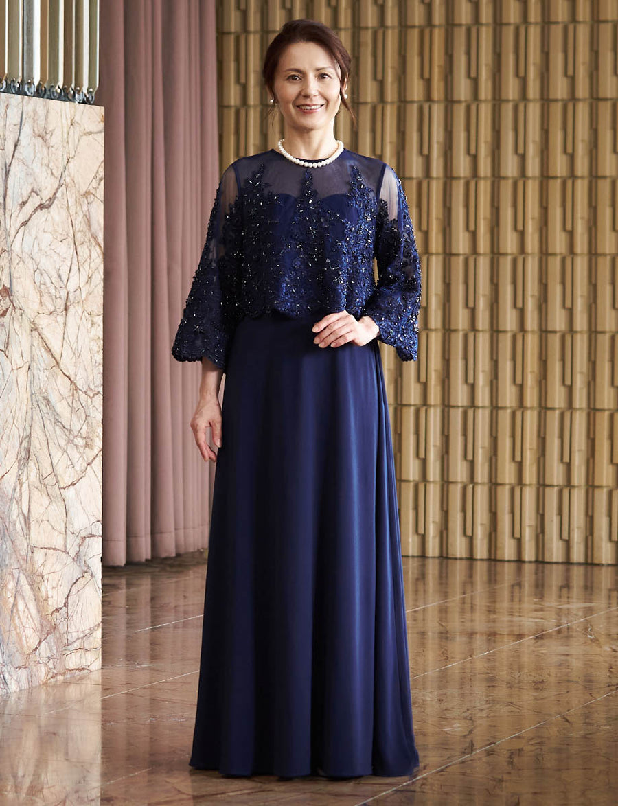 結婚式 母親ドレス ダークネイビーレース・マザーズドレス レース8分袖