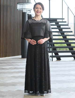 結婚式 母親ドレス 黒・マザーズドレス レース ケープ付き MD0406-BK