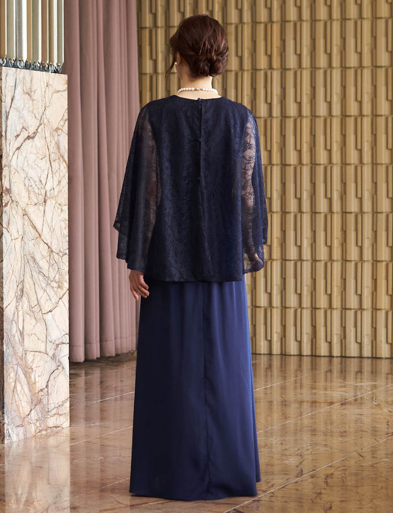 結婚式 母親ドレス ダークネイビー・マザーズドレス レース ケープ付き