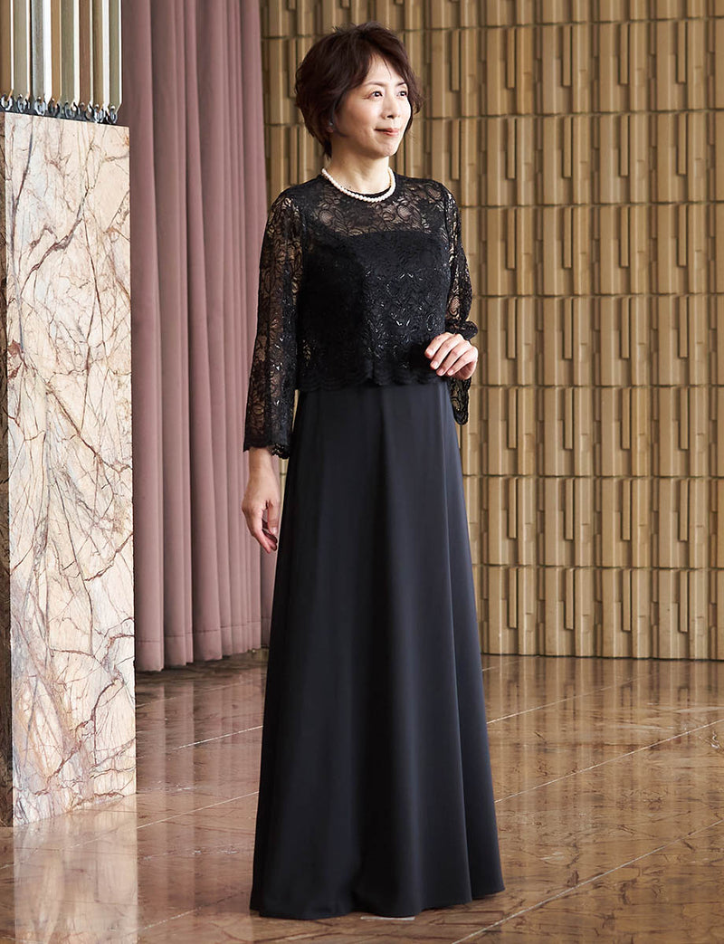 結婚式 母親ドレス 黒レース・マザーズドレス 長袖 MD0408-BK|新郎新婦