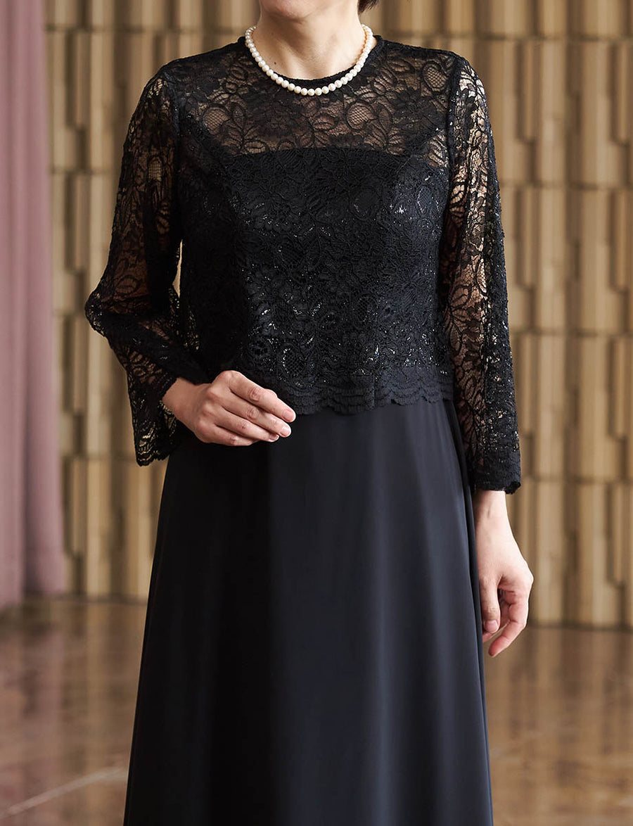 結婚式 母親ドレス 黒レース・マザーズドレス 長袖 MD0408-BK|新郎新婦