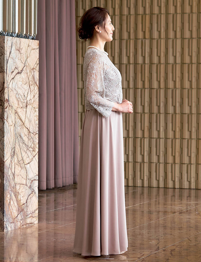 結婚式 母親ドレス グレーベージュレース・マザーズドレス 長袖 MD0408