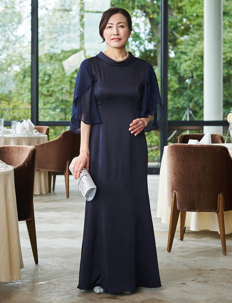 結婚式 母親ドレス ネイビー・マザーズドレススタンドカラー 袖付き