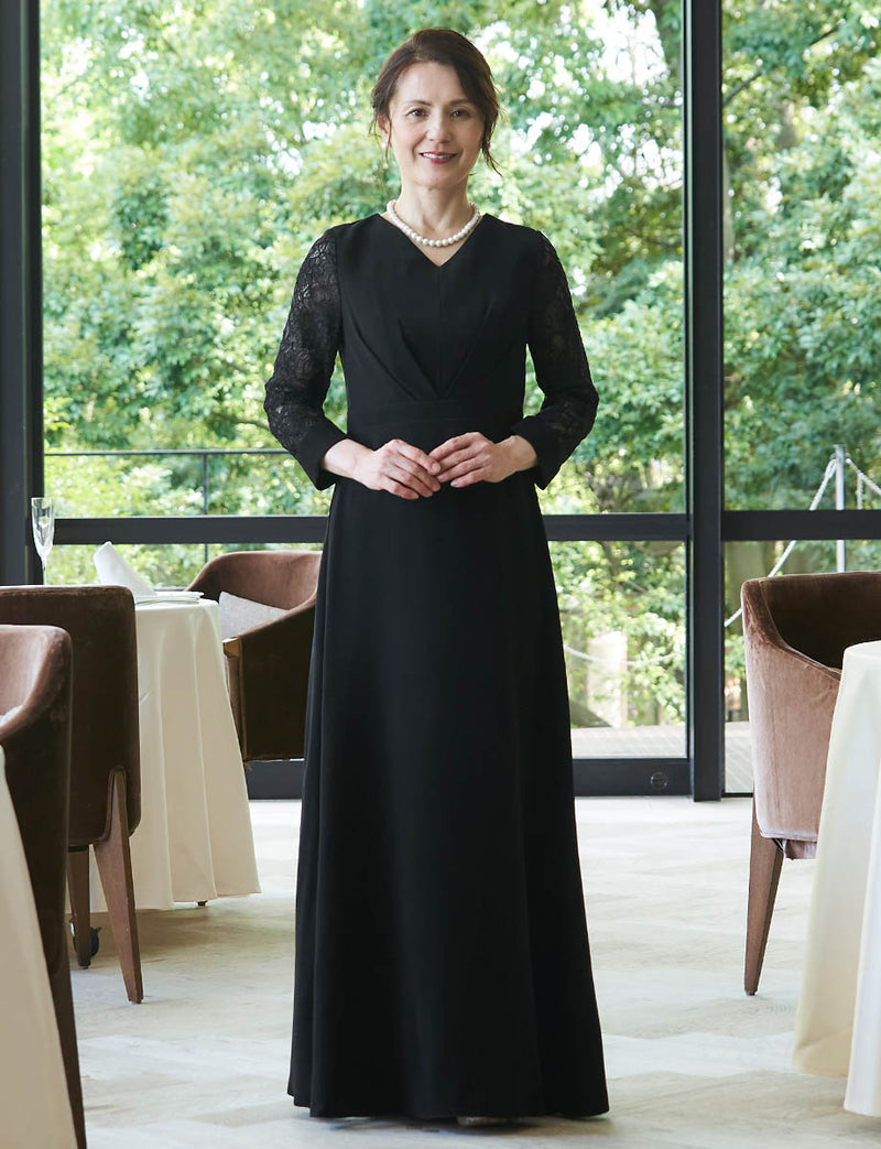 結婚式 母親ドレス ブラック・マザーズドレス レース袖付き MD0504-BK