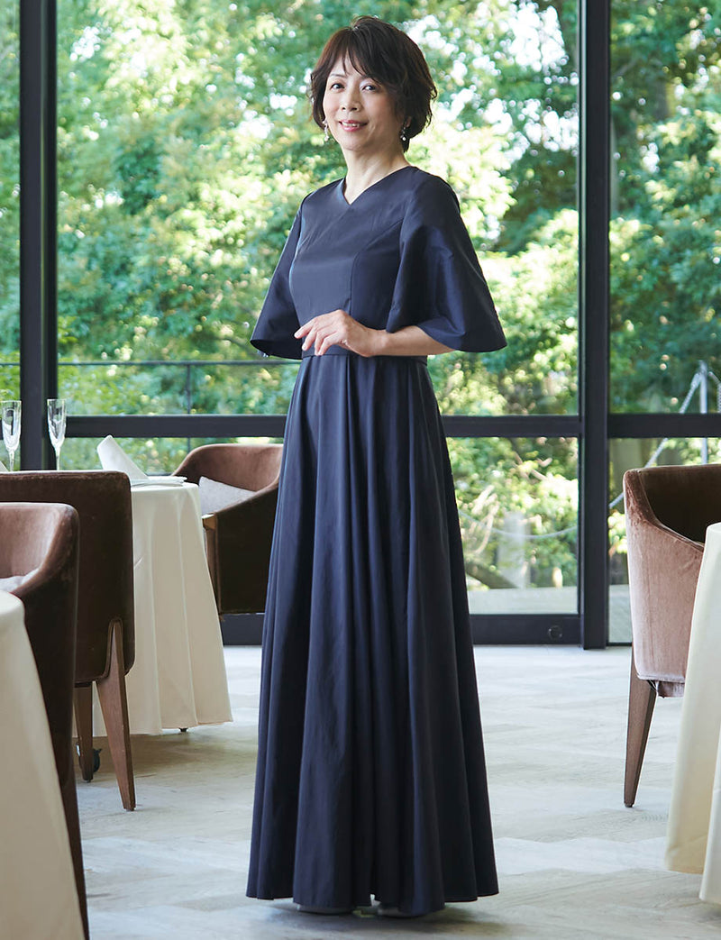 結婚式 母親ドレス ダークネイビー・マザーズドレス タフタAライン