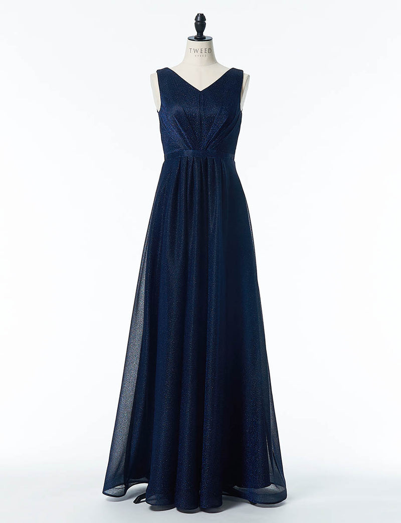 Vネック ノースリーブロングドレス ネイビー ルレックス ゴム