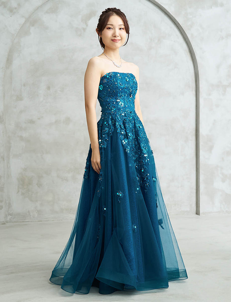 ブルーグリーン ロングドレス ベアトップ ビジュ刺繍 チュール 肩