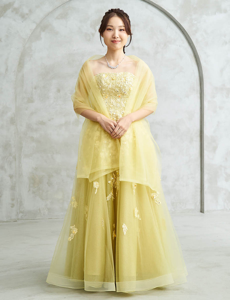 イエローゴールド ロングドレス ベアトップ ビジュ刺繍 チュール 肩