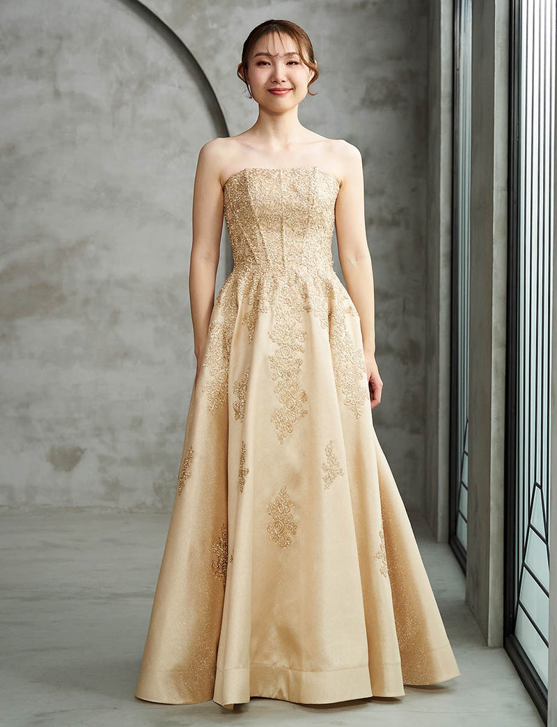 ロングドレス ベアトップ 肩紐付き 演奏会 発表会 サテン ゴールド