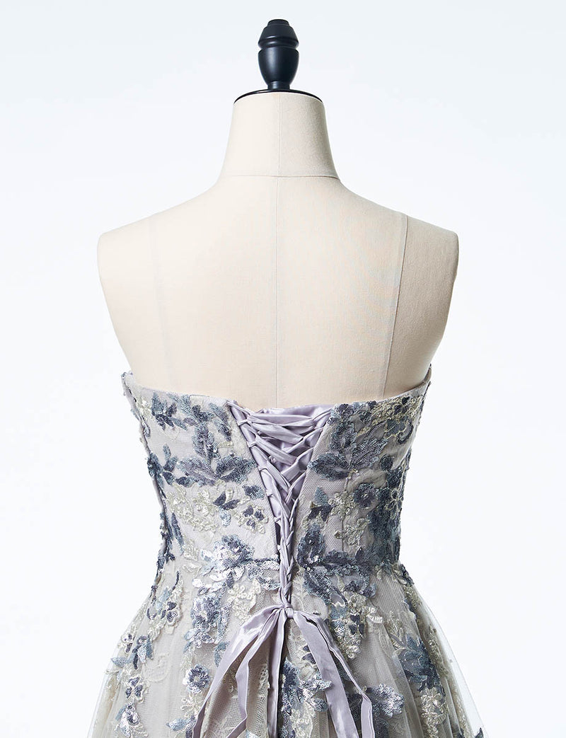 シルバー ロングドレス ベアトップ スパンコールレース チュール 肩