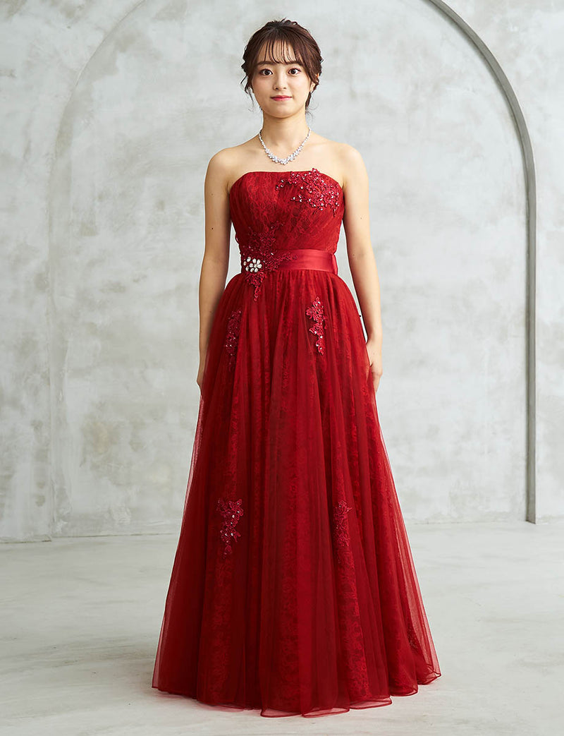 赤 ロングドレス ベアトップ ビジュ刺繍 チュール 肩紐付き 発表会