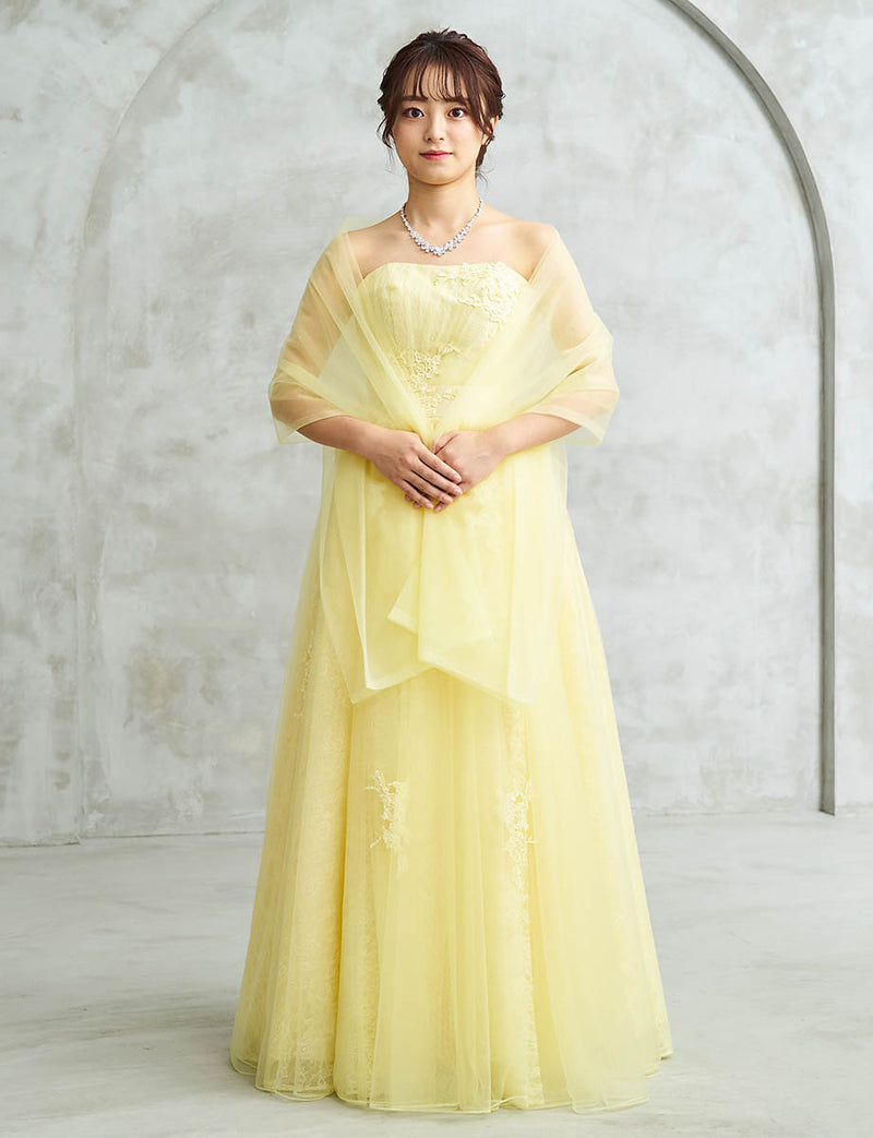 イエロー ロングドレス ベアトップ ビジュ刺繍 チュール 肩紐付き 発表
