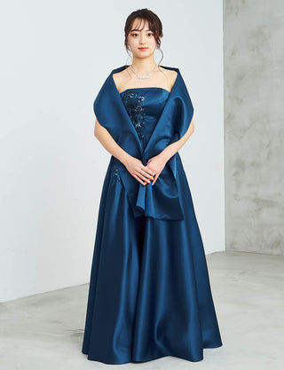 ミッドナイトブルー ロングドレス ベアトップ アップリケ刺繍 サテン