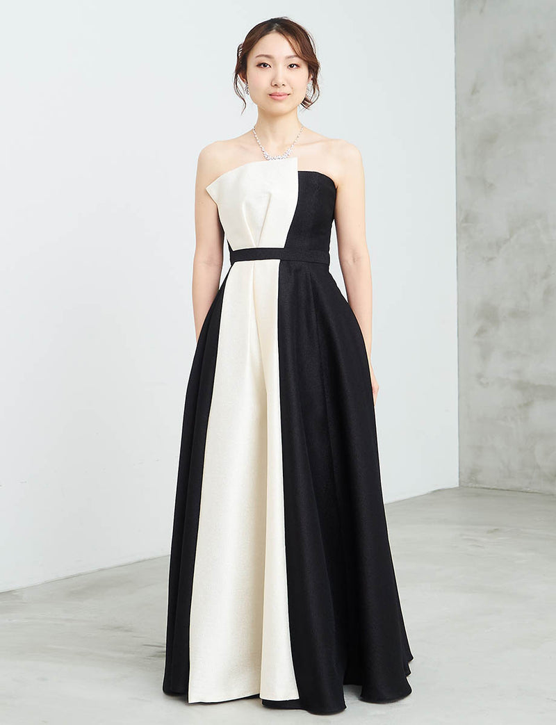 バイカラーロングドレス ベアトップ 白黒 肩紐付き 発表会・演奏会