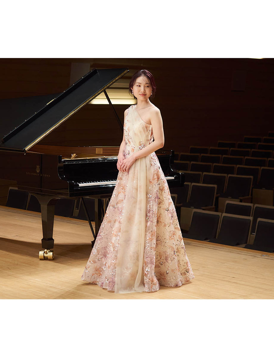 アイボリー ワンショルダー ロングドレス 刺繍 チュール フラワー